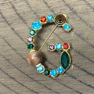 Brooch Initial G, NIP, 1.75 x 1.25”, multi colored rhinestones cover letter G
